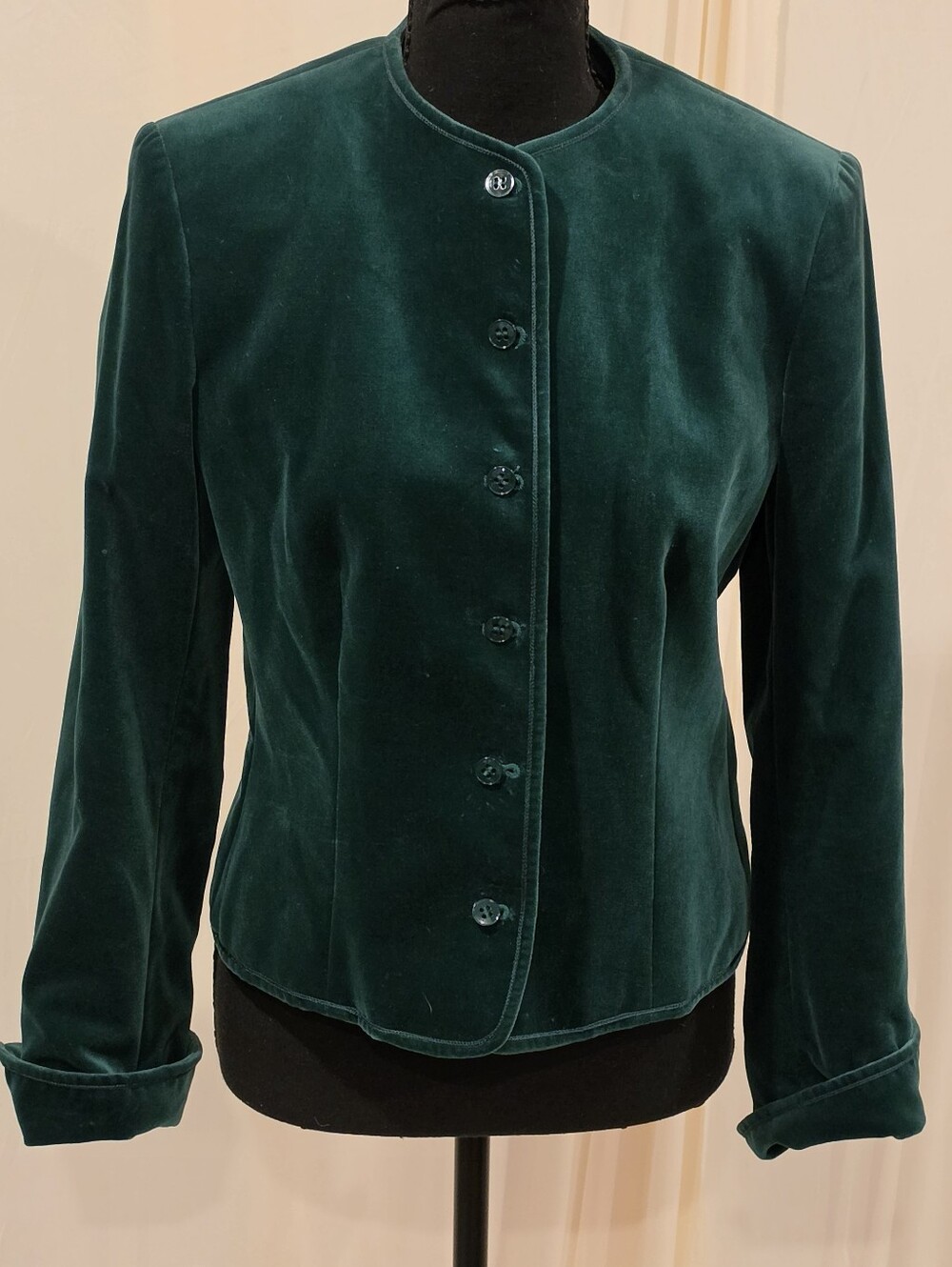 VTG Jaeger Green Velvet Cropped Jacket Blazer 70s Collarless Made In UK Sz 12 35
